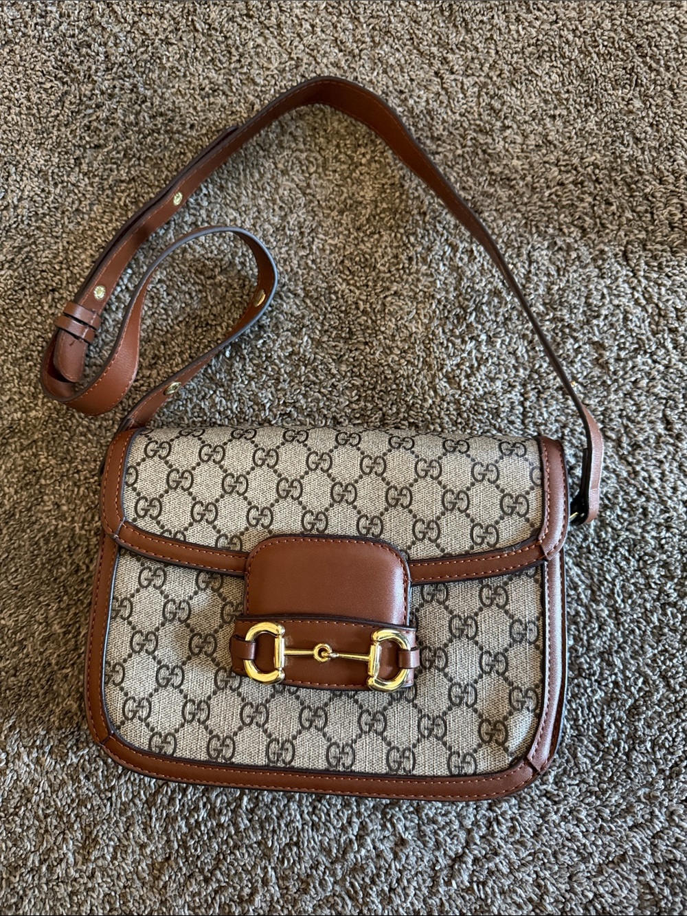 Gucci Brown GG Supreme Leather-Trim Shoulder Bag Class A